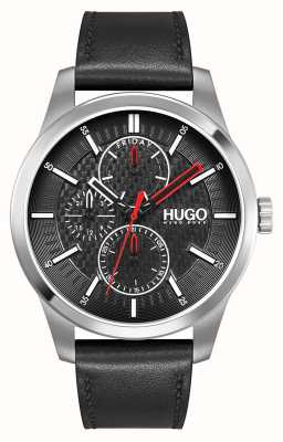 HUGO Hommes | réel | coffret cadeau | portefeuille | cadran noir | bracelet en cuir noir 1570139