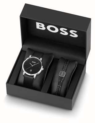 BOSS La confiance des hommes | coffret cadeau | montre cadran noir avec bracelet cuir 1570145