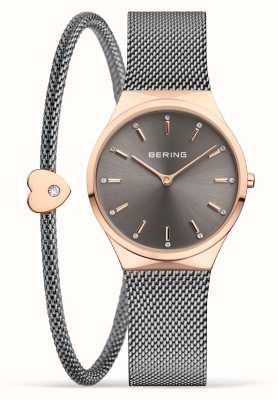 Bering Classique | coffret cadeau | cadran gris | maille en acier inoxydable | bracelet et perle assortis 12131-369-GWP