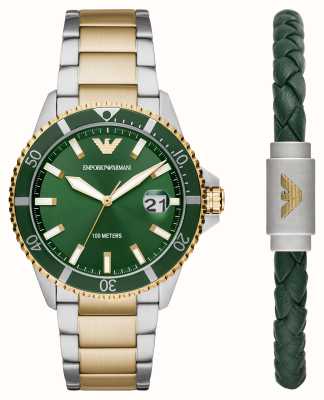 Emporio Armani Coffret cadeau homme | cadran vert | bracelet bicolore | bracelet en cuir vert AR80063SET