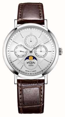 Rotary Windsor | phase de lune | cadran argenté | bracelet en cuir marron GS05425/06