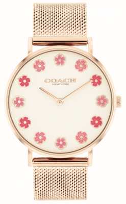 Coach Poiré des femmes | cadran blanc | fleurs roses | bracelet en maille d'acier d'or rose 14504101