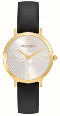 Olivia Burton Abeille ultra fine Signature | cadran argenté | bracelet en cuir noir 24000019
