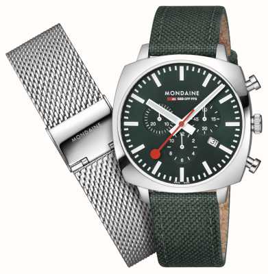 Mondaine Sbb grand coussin chronographe (41mm) cadran vert / ensemble textile recyclé vert et maille acier MSL.41460.LF.SET