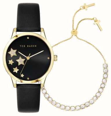 Ted Baker Coffret cadeau étoilé pour femme cadran noir bracelet en cuir noir montre assortie au bracelet doré BKGFW2217