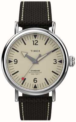 Timex Cadran crème standard (40 mm) pour homme / bracelet en cuir tissu marron TW2V44100