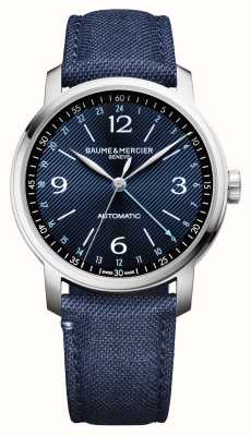 Baume & Mercier Classima automatique à double fuseau horaire GMT (42 mm), cadran bleu satiné soleil / bracelet en tissu bleu Hollang & Sherry M0A10734