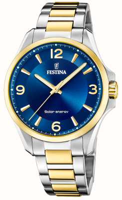 estina Cadran bleu à énergie solaire (41,5) pour homme / bracelet en acier inoxydable bicolore F20657/4