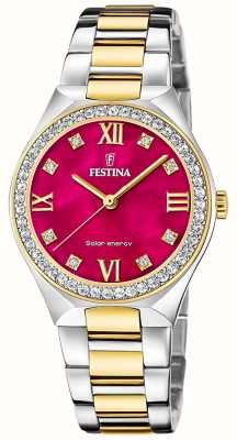 Festina Cadran nacre rouge à énergie solaire pour femme (35 mm) / bracelet en acier inoxydable bicolore F20659/3