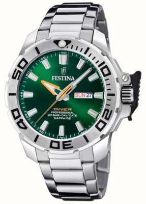 Festina Montre de plongée pour homme (46,3 mm) cadran vert / bracelet en acier inoxydable F20665/2