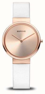Bering Cadran or rose classique pour femme (31 mm) / bracelet en cuir blanc 14531-266