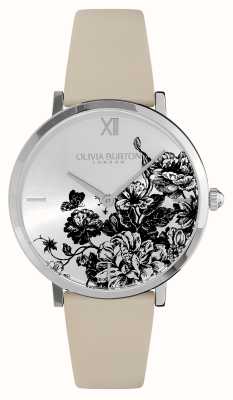 Olivia Burton Cadran argenté à fleurs florales (35 mm) / bracelet en cuir perlé antique 24000113