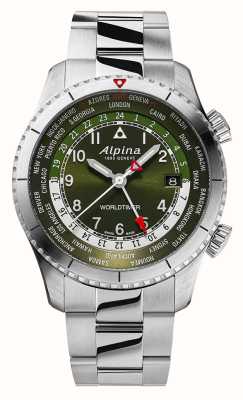 Alpina Startimer pilot quartz worldtimer (41mm) cadran vert / acier inoxydable AL-255GR4S26B