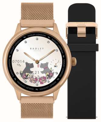 Radley Ensemble de montre intelligente avec appels intelligents série 19 (42 mm), maille interchangeable en or rose et bracelet en silicone noir RYS19-4012-SET