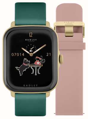 Radley Ensemble de montre intelligente avec appel série 20 (37 mm), bracelet interchangeable en silicone rose et cuir vert RYS20-2124-SET