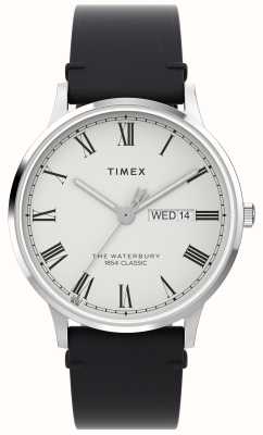 Timex Montre Waterbury Classic pour homme (40 mm), cadran blanc / bracelet en cuir noir TW2W15000