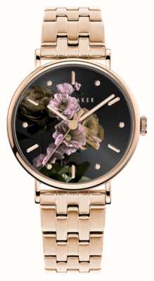 Ted Baker Montre pour femme phylipa (34 mm), cadran floral noir / bracelet en acier inoxydable couleur or rose BKPPHF306