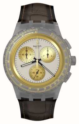 Swatch Cadran gris éclat doré (42 mm) / bracelet cuir marron SUSM100