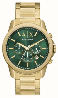 Armani Exchange Cadran chronographe vert pour homme (44 mm) / bracelet en acier inoxydable doré AX1746