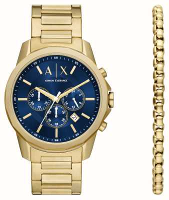 Armani Exchange Coffret cadeau pour homme (44 mm) cadran bleu / bracelet en acier inoxydable doré avec bracelet assorti AX7151SET