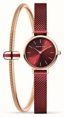Bering Coffret cadeau bracelet classique en or rose (22 mm) cadran soleillé rouge / maille en acier inoxydable pvd rouge 11022-363-LOVELY-5-GWP190