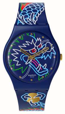 Swatch Dragon en vagues (34 mm) cadran à motif bleu / bracelet en silicone à motif bleu SO28Z125
