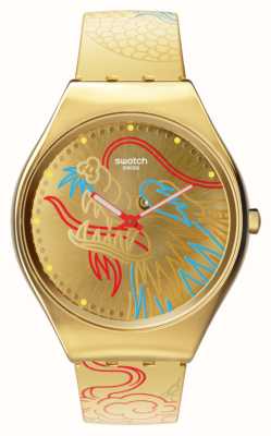 Swatch Dragon en or (38 mm) cadran à motifs dorés / bracelet en silicone à motifs dorés SYXZ104