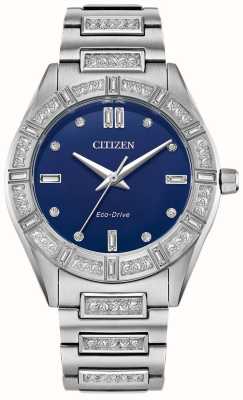 Citizen Montre silhouette crystal eco-drive pour femme (34 mm), cadran bleu / bracelet en acier inoxydable serti de cristaux EM1020-57L