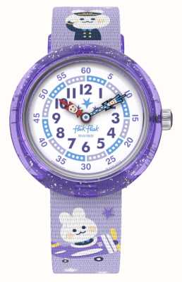 lik Flak Montre pour enfants chassant les nuages ​​(31,85 mm) cadran blanc / bracelet en tissu à motifs pilote violet FBNP220