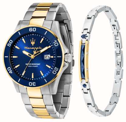 Maserati Coffret cadeau montre et bracelet de compétition pour hommes (43 mm) cadran bleu / bracelet en acier inoxydable bicolore R8873600007