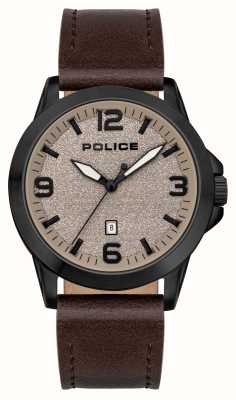Police Date à quartz Cliff (47 mm) cadran sablé beige / bracelet cuir marron PEWJB2194501
