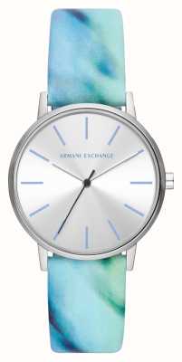 Armani Exchange Cadran argenté pour femme (36 mm) / bracelet en cuir à motifs bleus AX5597