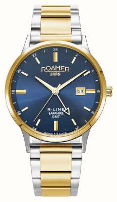 Roamer Cadran bleu R-line gmt (43 mm) / bracelet interchangeable en acier inoxydable bicolore et cuir bleu 990987 47 45 05