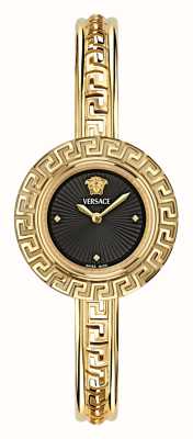 Versace Iconique la greca (28 mm) cadran noir / bracelet jonc en acier inoxydable doré VE8C00524