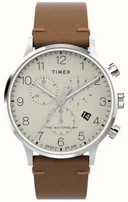 Timex Chronographe classique Waterbury (40 mm) cadran crème / bracelet cuir marron TW2W50900