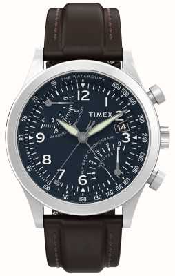 Timex Chronographe traditionnel à retour rapide Waterbury (42 mm) cadran bleu / bracelet en cuir marron TW2W47900