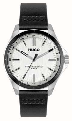 HUGO Cadran argenté #complet (42 mm) pour homme / bracelet en cuir noir 1530325