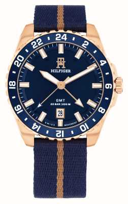 Tommy Hilfiger Montre pour homme th85 gmt (42 mm), cadran bleu / bracelet en tissu océan bleu marée 1792130