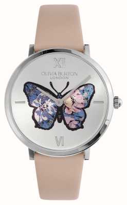 Olivia Burton Signature papillon (35 mm) cadran papillon argenté / bracelet en cuir rose 24000145