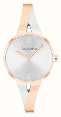 Calvin Klein Cadran argenté joyeux (30 mm) pour femme / bracelet jonc en acier inoxydable bicolore 25100028