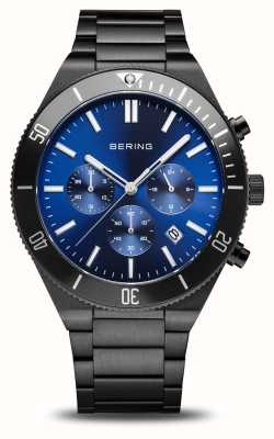 Bering Cadran chronographe bleu classique (43 mm) pour homme / bracelet en acier inoxydable noir 15043-727