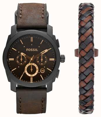 Fossil Coffret machine homme | cadran chronographe noir | bracelet en cuir marron | bracelet en cuir FS5251SET
