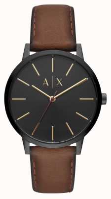 Armani Exchange Hommes | cadran noir | bracelet en cuir marron AX2706