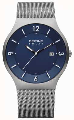 Bering Cadran bleu solaire pour homme bracelet maille en acier inoxydable gris 14440-007