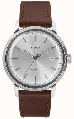 Timex Bracelet en cuir marron automatique pour homme cadran argenté TW2T22700