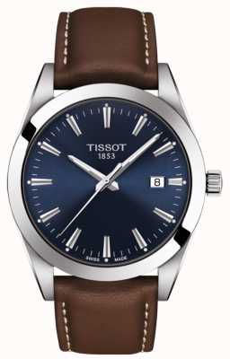 Tissot Gentleman | bracelet en cuir marron | cadran bleu | T1274101604100