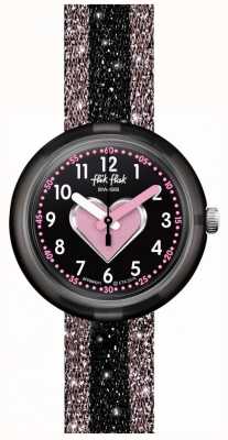 Flik Flak Cuoricino | bracelet textile rose/noir | cadran noir FPNP071