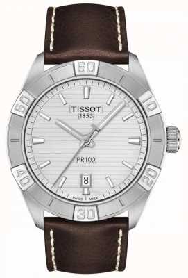 Tissot Pr100 sport | cadran argenté | bracelet en cuir marron T1016101603100