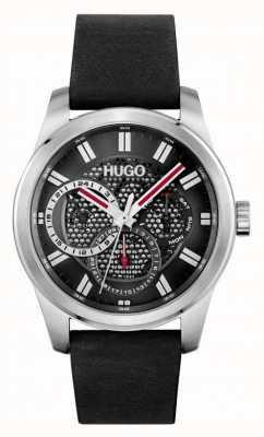 HUGO #squelette | bracelet en cuir noir pour hommes | cadran noir 1530189