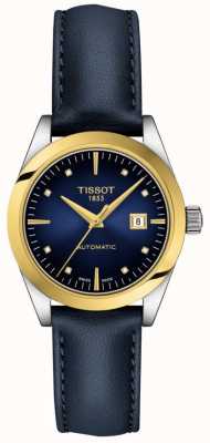 Tissot T-ma dame | Or 18 carats | auto | cadran bleu | bracelet en cuir bleu T9300074604600